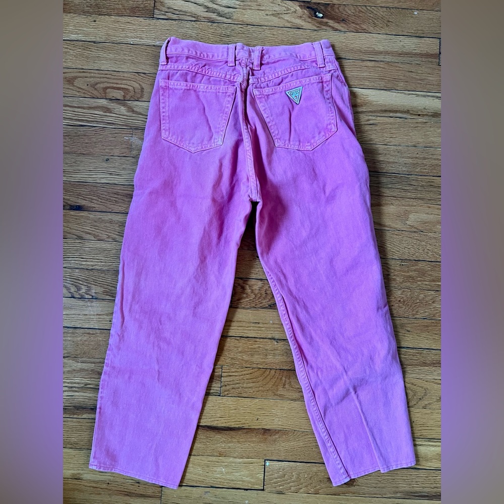 Pink high waisted jeans, cropped ankle, straight leg